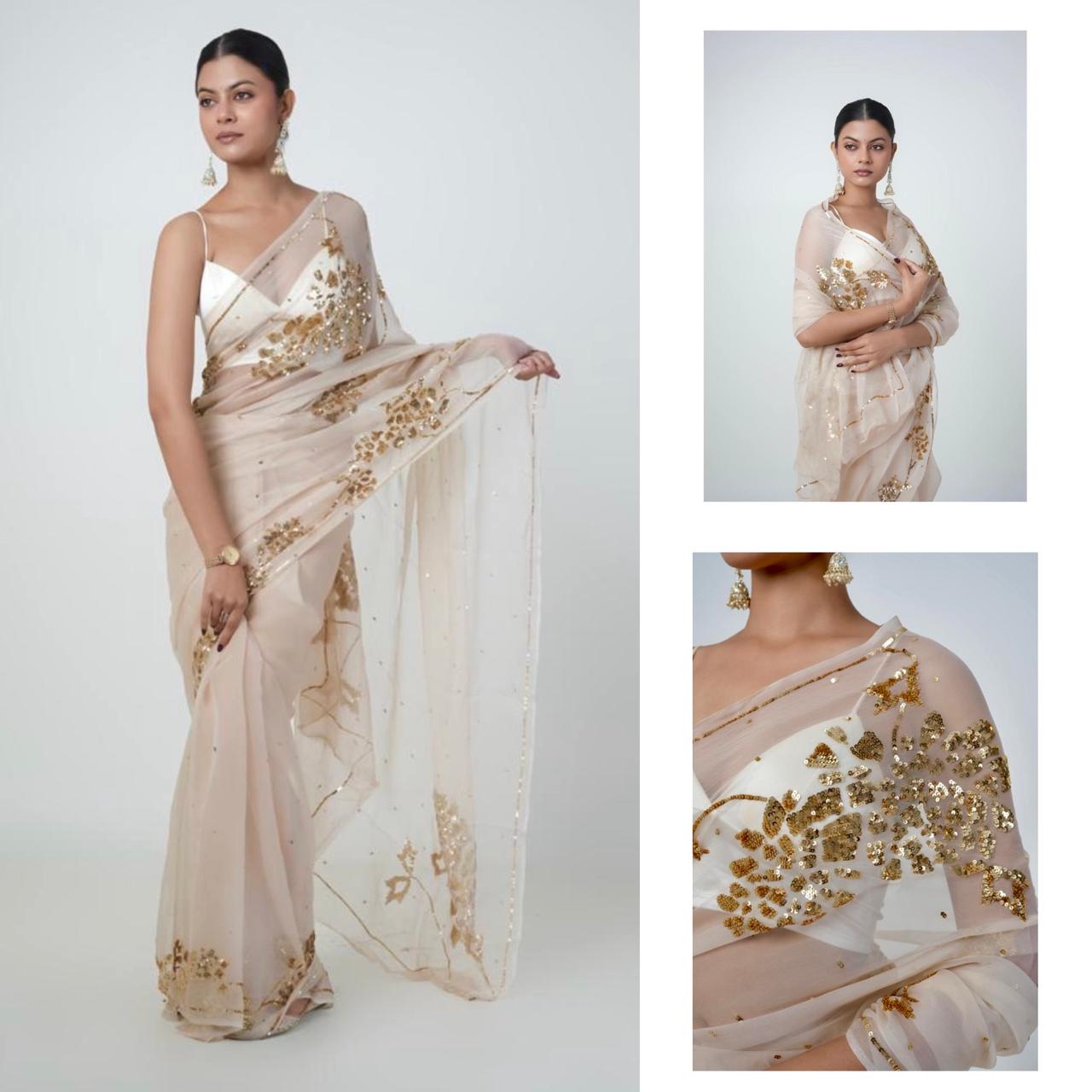 Beige Cocktail Golden Sequins Saree