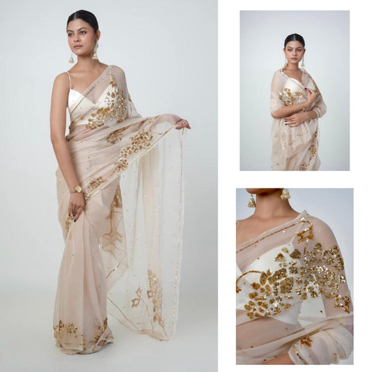 Beige Cocktail Golden Sequins Saree