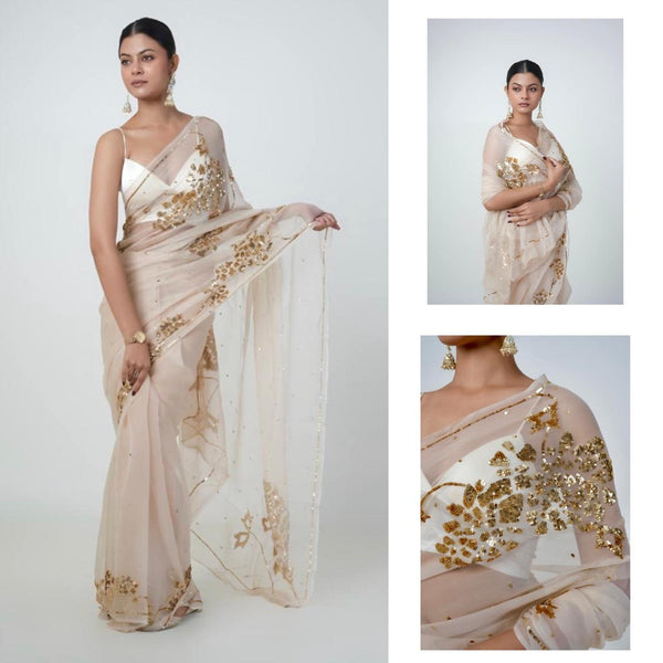 Beige Cocktail Golden Sequins Saree