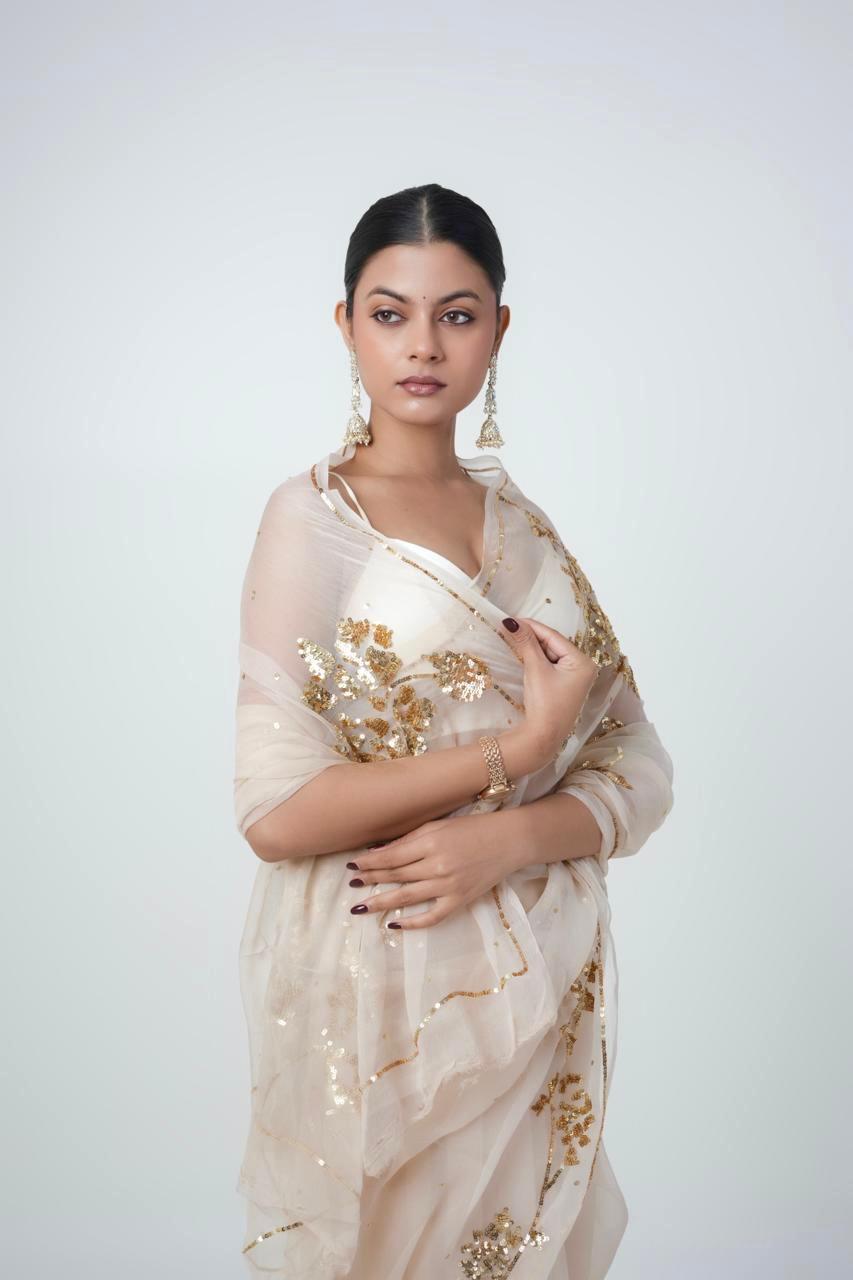 Beige Cocktail Golden Sequins Saree