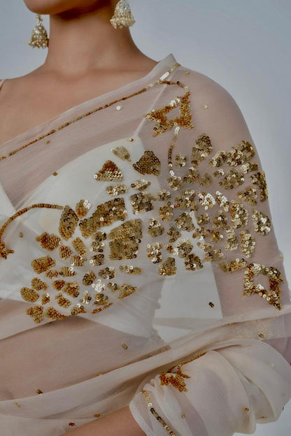 Beige Cocktail Golden Sequins Saree