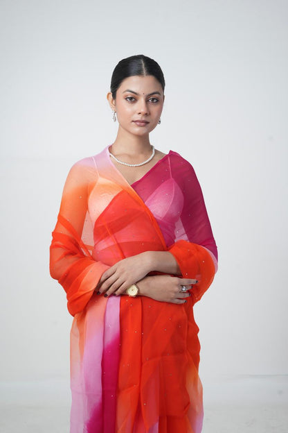 Ombre Pink Orange Peach Shaded Mukaish