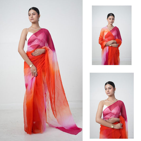 Ombre Pink Orange Peach Shaded Mukaish