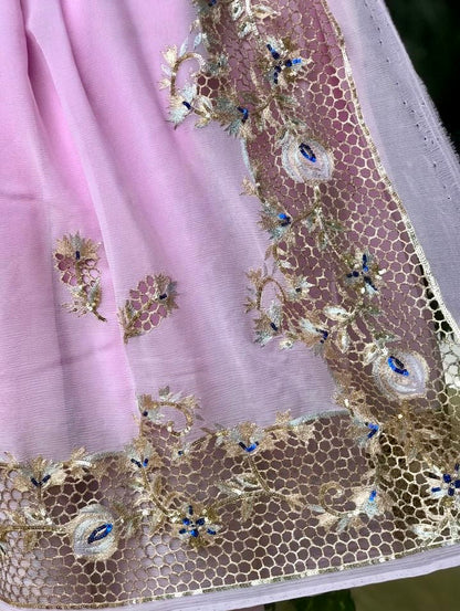 Baby pink Cutwork Border saree