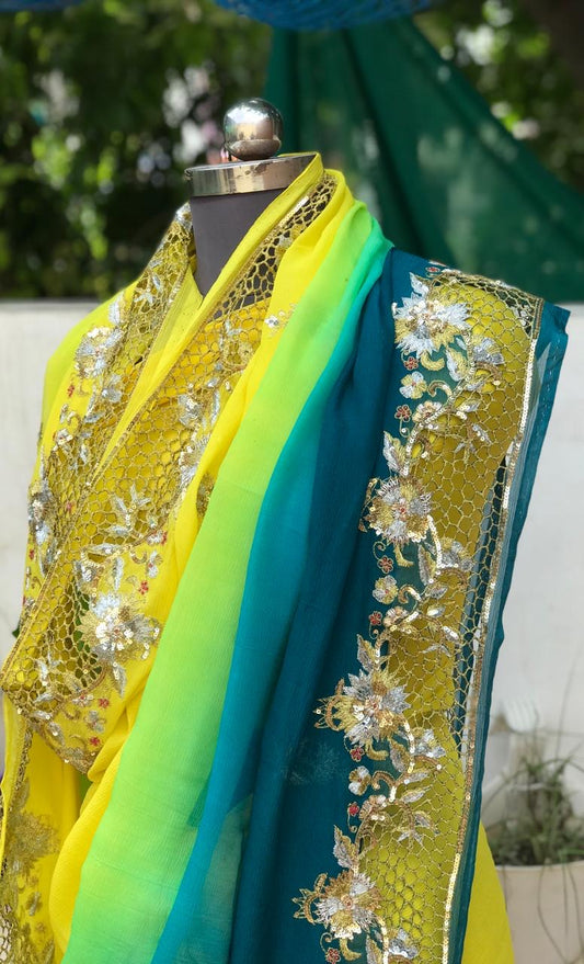 Ombre yellow Shaded Cutwork Border Saree