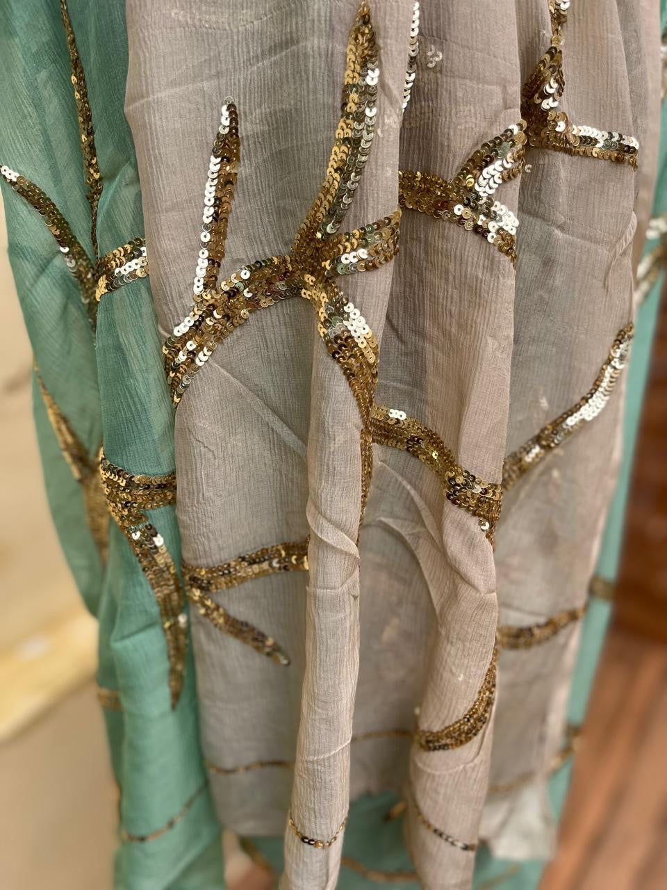 Ombre mint green shaded sequins jaal saree