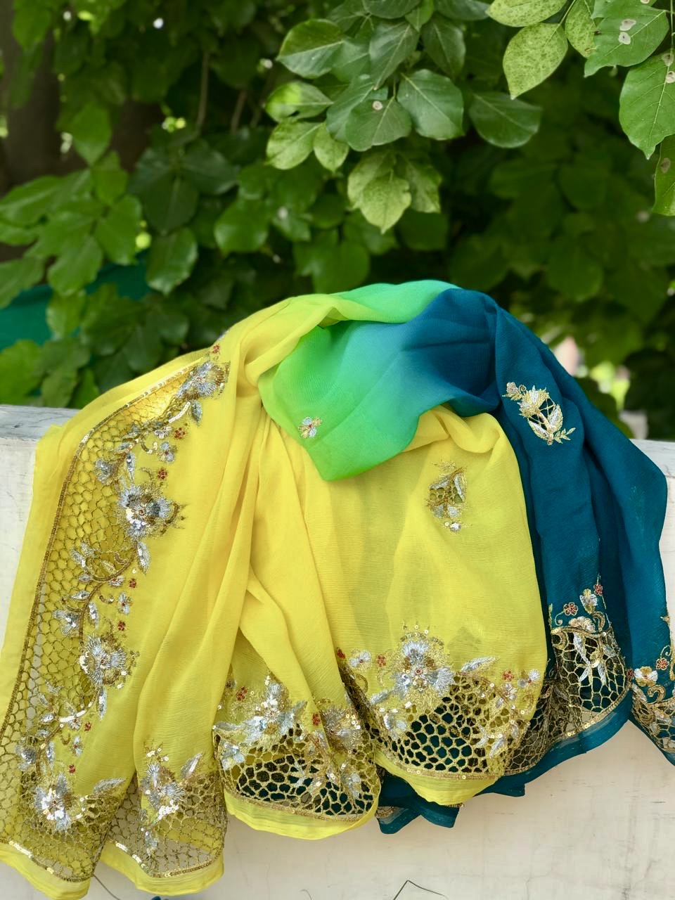Ombre yellow Shaded Cutwork Border Saree