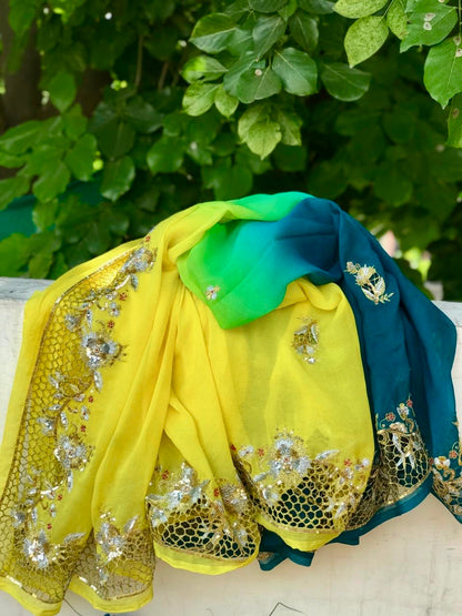 Ombre yellow Shaded Cutwork Border Saree