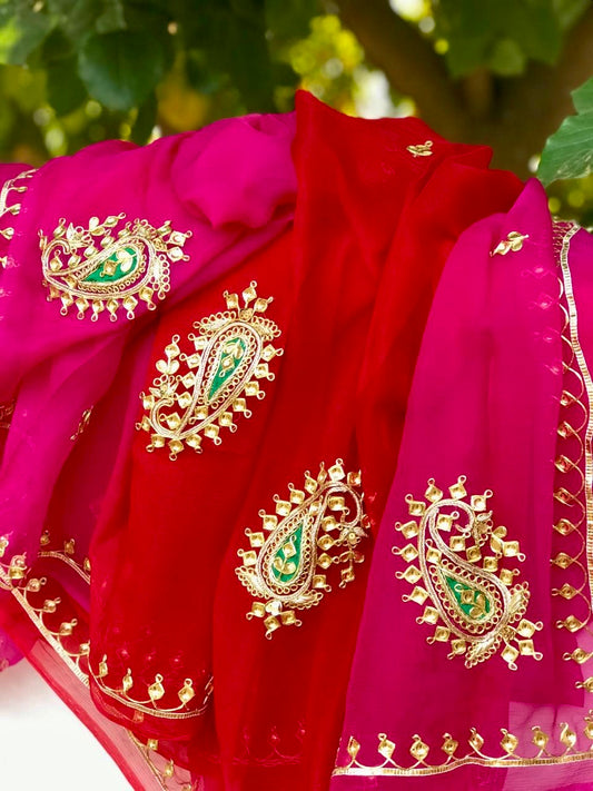 Ombre red pink danka Kerry buta saree