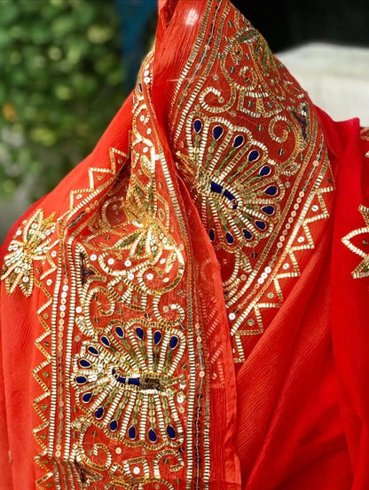 Ombre Orange Shaded Peacock Gotta Border Saree