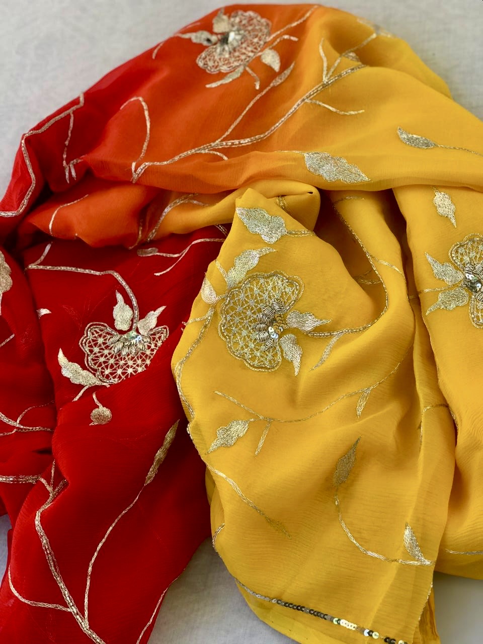Ombre yellow red Zari Jaal saree