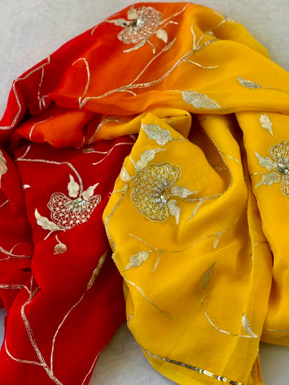 Ombre yellow red Zari Jaal saree