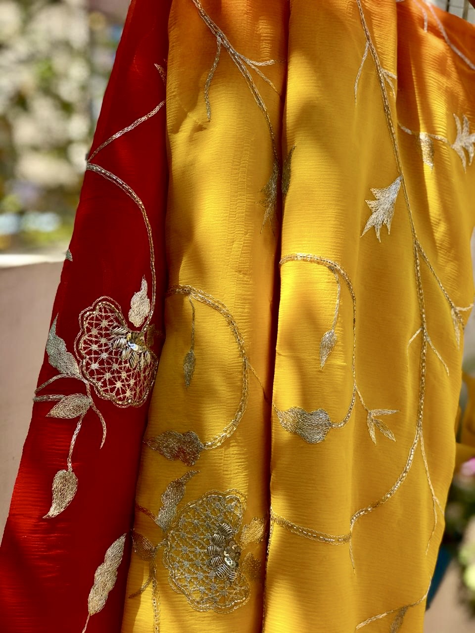 Ombre yellow red Zari Jaal saree
