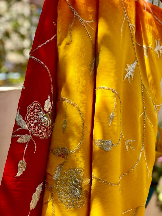 Ombre yellow red Zari Jaal saree