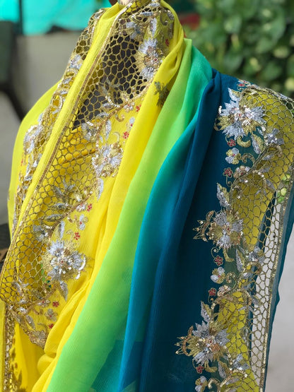 Ombre yellow Shaded Cutwork Border Saree