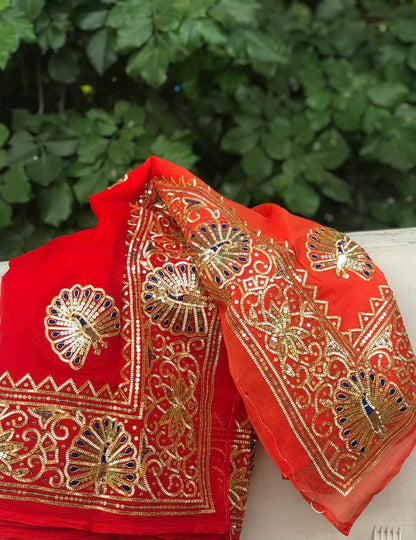 Ombre Orange Shaded Peacock Gotta Border Saree