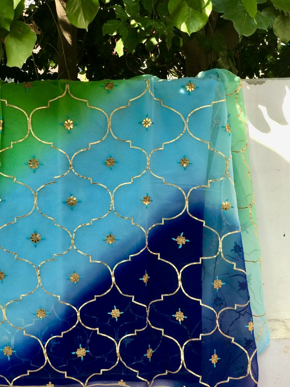 Ombre blue shaded gotta jaal saree