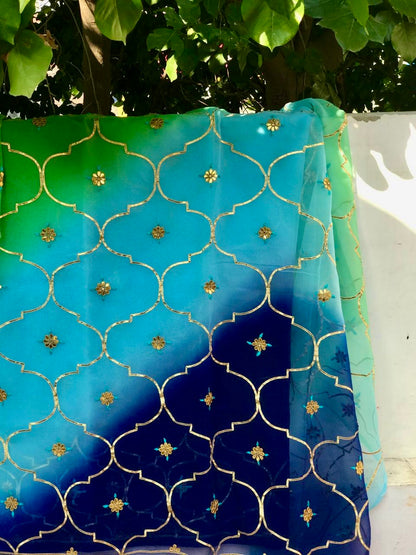 Ombre blue shaded gotta jaal saree