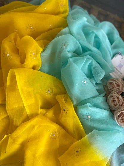 Yellow Blue Floral Mukaish saree