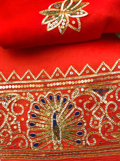 Ombre Orange Shaded Peacock Gotta Border Saree