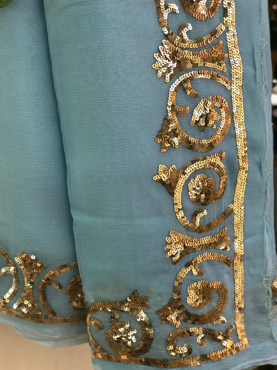 Aqua golden sequins Border saree