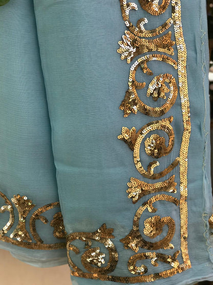 Aqua golden sequins Border saree