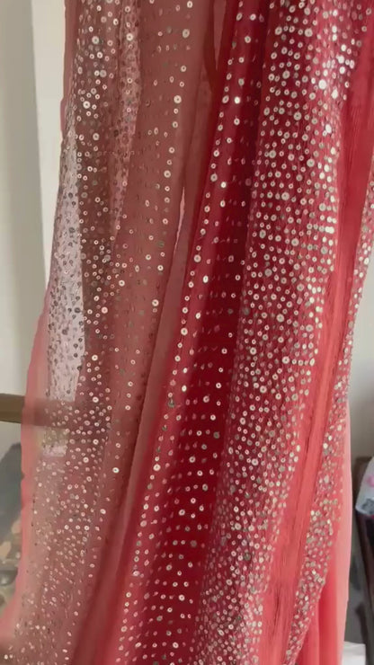 Ombre Brick Shaded Sequins Cocktail Saree