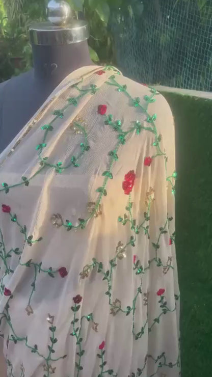 Beige Pearl & sequin Jaal Saree
