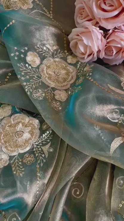 Sky-blue Pure Silk Tissue Zari Zardoji Jaal Saree
