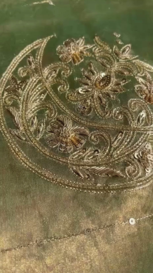 Green silk Tissue Chaand Buta Saree