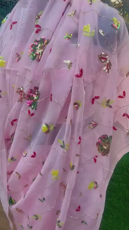 Pink Colour Sequins Jaal Saree