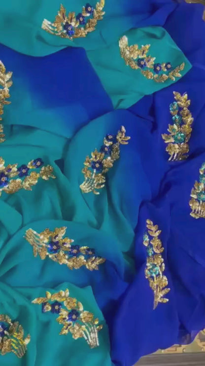 Ombre Blue Shaded Sequins Buta Saree