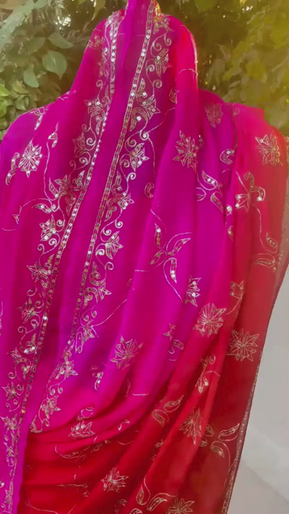 Ombre Red Pink Vintage Jaal Saree