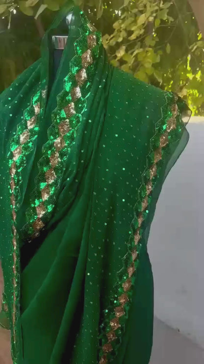 Bottle Green Sequins Border Saree