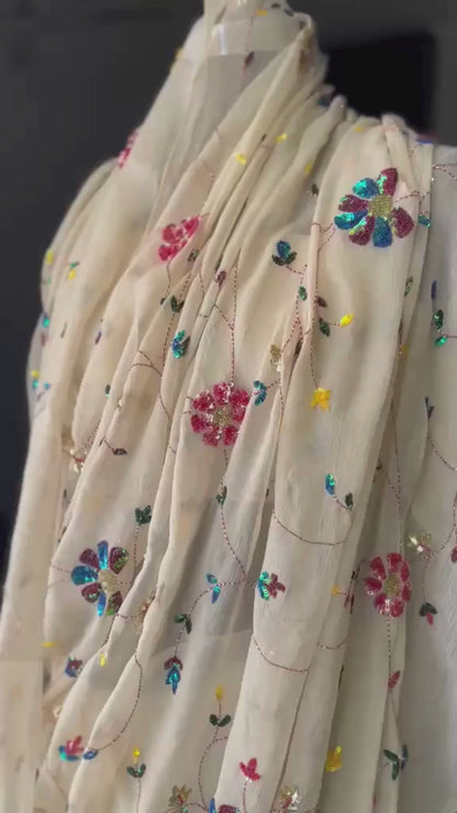 Beige Sequins Jaal Saree