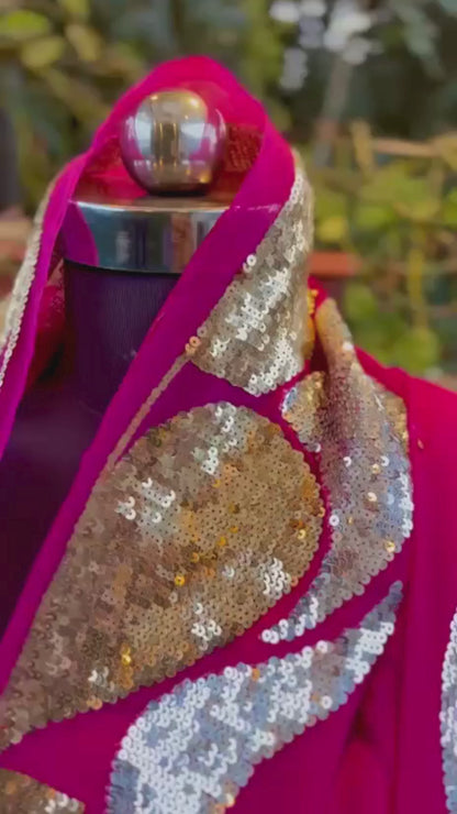 Magenta Golden & Silver Sequence Jaal Saree