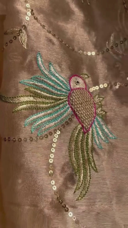 Golden Silk Tissue Zari Zardoji Bird Jaal Saree